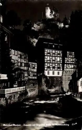Ak Monschau Montjoie in der Eifel, Rur, Burgruine Haller, Festbeleuchtung