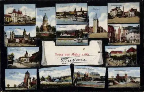 Ak Mainz am Rhein, Christuskirche, Kaiserbrücke, Bahnhof, Dom, Markt, Eisenbahnbrücke