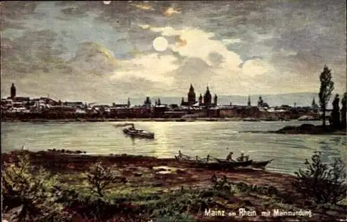 Künstler Ak Mainz am Rhein, Mainmündung bei Mondschein, WIRO 1884 a