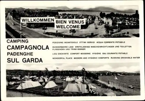 Ak Padenghe sul Garda Lombardia, Camping Campagnola, Gesamtansicht, Zeltplatz, Schild Esso