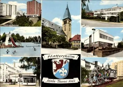 Ak Hattersheim am Main, Schule, Neubau-Gebiet, Freibad, Fa. Sarotti, Katholisches Pfarrheim, Kirche