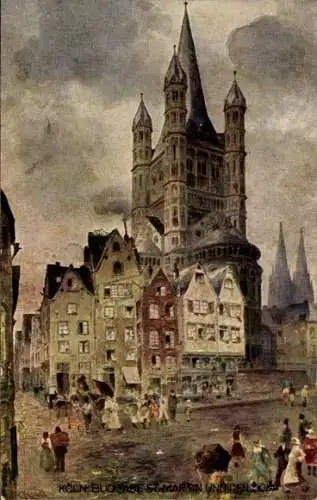 Künstler Ak Karl Rüdell, Köln, Kirche St Martin, Glockenturm, Straße