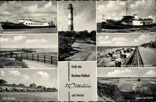 Ak Wittdün auf Amrum Nordfriesland, Leuchtturm, Strand, Landungsbrücke, Schiff Schleswig-Holstein