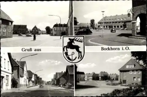 Wappen Ak Bockhorn in Oldenburg Friesland, Platz, Straßenpartie, Wohnhäuser