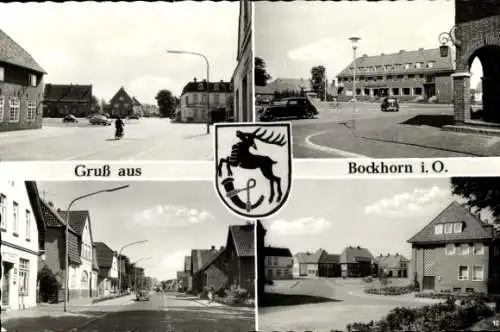 Wappen Ak Bockhorn in Oldenburg Friesland, Platz, Straßenpartie, Wohnhäuser