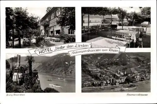 Ak Assmannshausen Rüdesheim am Rhein, Burg Rheinstein, Panorama, Hotel Unter den Linden