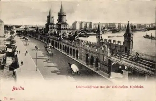 Ak Berlin Friedrichshain Kreuzberg, Oberbaumbrücke, elektrische Hochbahn