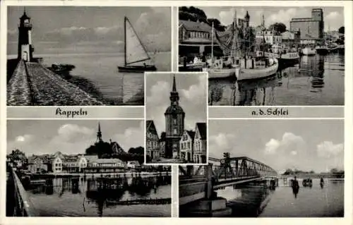Ak Kappeln an der Schlei, Leuchtturm, Hafen, Brücke, Teilansicht, Kirche, Segelboot