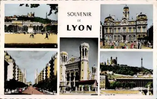 Ak Lyon Rhône, Fourviere, Place Bellecour, Rathaus, Palais de Justice, Av. Henri-Barbusse