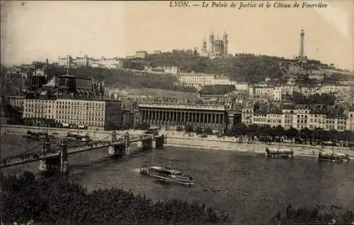 Ak Lyon Rhône, Palais de Justice, Coteau de Fourviere, Brücke