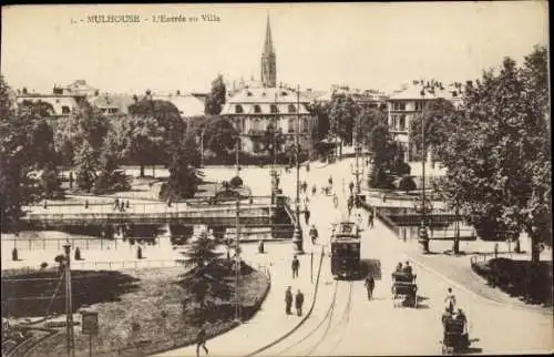 Ak Mulhouse Mülhausen Elsass Haut Rhin, Eingang der Stadt, Brücke, Straßenbahn