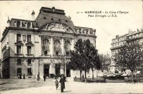 Ak Marseille Bouches du Rhône, Caisse d'Epargne, Place Estrangin