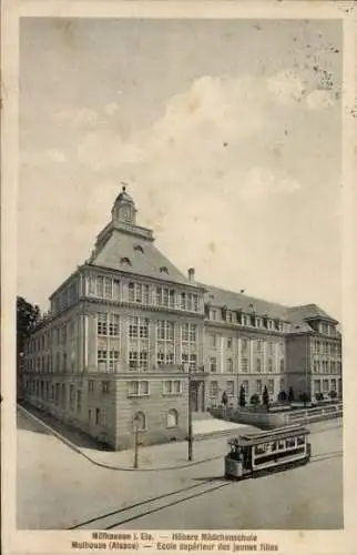 Ak Mulhouse Mülhausen Elsass Haut Rhin, Höhere Mädchenschule, Straßenbahn
