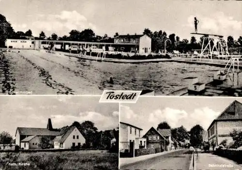 Ak Tostedt in Niedersachsen, Schwimmbad, katholische Kirche, Bahnhofstraße