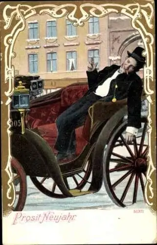 Ak Fröhliches Neujahr, Betrunkener mit Zigarre in einer Kutsche