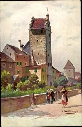 Künstler Ak Heilinger, Straßenpartie, Passanten, Turm, Häuser