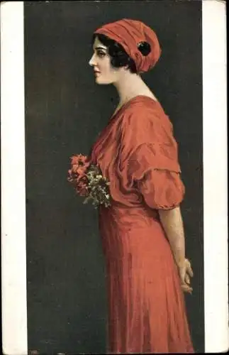 Künstler Ak Englerth, Piroska, Rotkäppchen, Frau in rotem Kleid