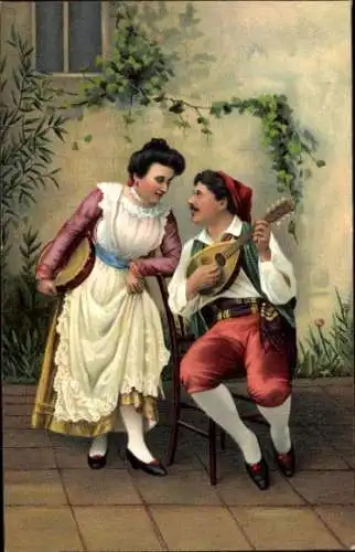 Ak Paar in Tracht, Musikinstrumente