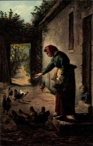 Künstler Ak Millet, Francois, Hühnerfütterung