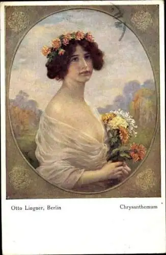 Künstler Ak Lingner, Otto, Chrysanthemum, Frau mit Blumen, NPG 124