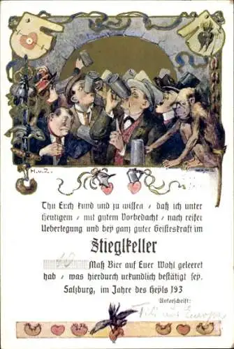 Künstler Ak Salzburg in Österreich, Urkunde, Stiegl-Keller, Männer trinken Bier, Affe