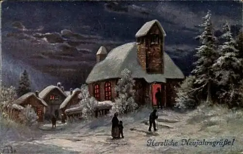 Künstler Ak Glückwunsch Neujahr, Personen auf dem Weg zur Kirche, Nachtansicht
