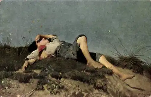 Künstler Ak Lenbach, Fr. v., Der Hirtenknabe, Junge im Gras liegend