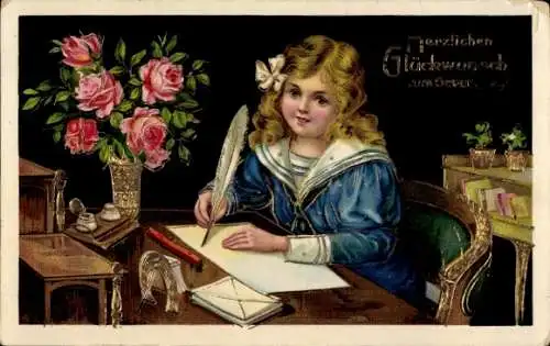 Ak Glückwunsch Geburtstag, Mädchen am Schreibtisch, Feder, Rosen