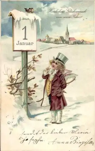 Litho Glückwunsch Neujahr, Kalender, Engel, Vögel