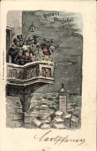 Litho Glückwunsch Neujahr, Nachtwächter, Balkon