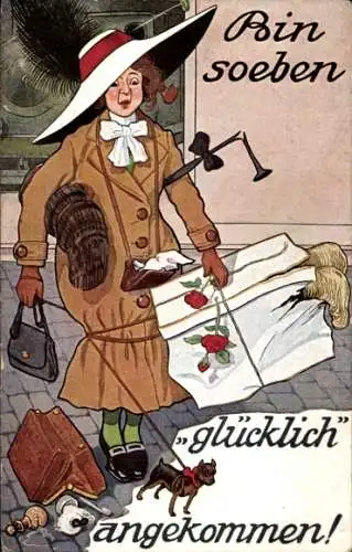 Ak Bin soeben glücklich angekommen, Frau mit Hund und Gepäck