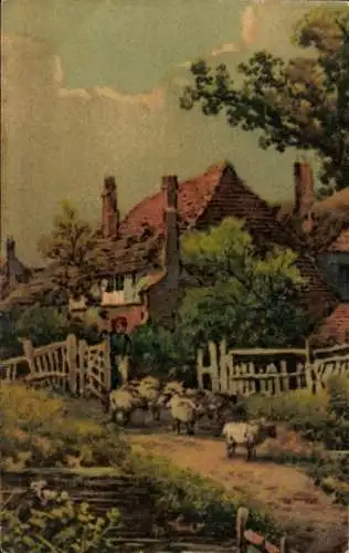 Ak Dorfidyll, Schafherde, Schafe, Wohnhaus, Zaun