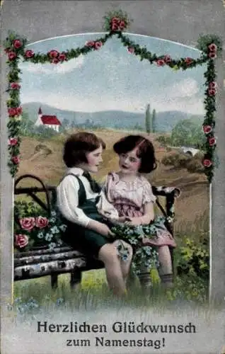 Ak Glückwunsch Namenstag, Kinder, Sitzbank, Blumen