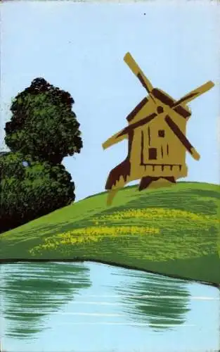 Handgemalt Ak Windmühle, Blumenwiese, Bäume