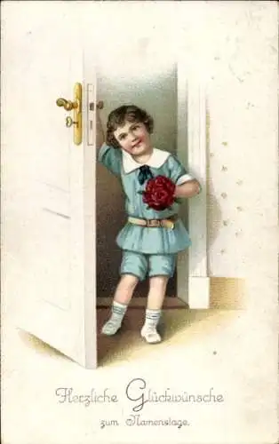 Ak Glückwunsch Namenstag, Kind an der Tür, Blumen
