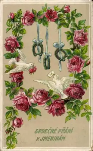 Ak Tauben, Rosen, Hufeisen, Brief