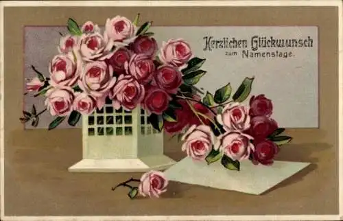 Präge Ak Glückwunsch Namenstag, Rosen