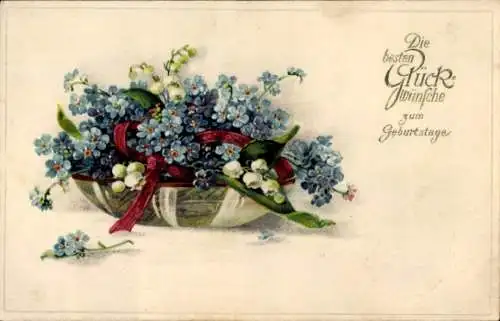 Ak Glückwunsch Geburtstag, Blumen, Blumenschale, Vergissmeinnicht, Maiglöckchen