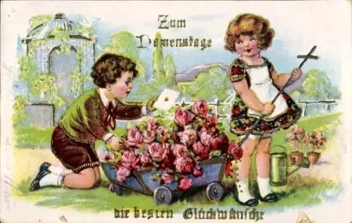 Ak Glückwunsch Namenstag, Rosen, Kinder, Gießkanne