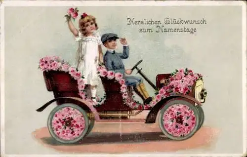 Ak Glückwunsch Namenstag, Kinder, Automobil, Blumen