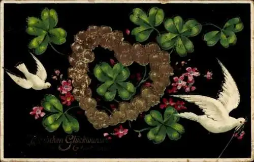 Präge Ak Glückwunsch Geburtstag, Tauben, Glücksklee