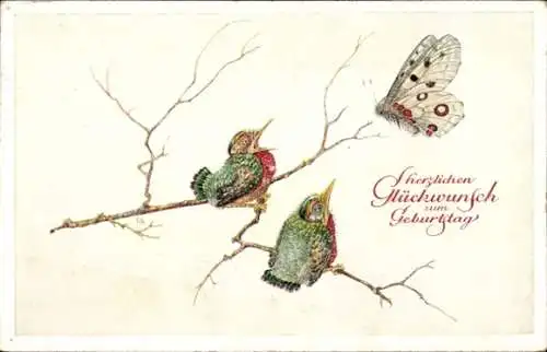 Ak Glückwunsch Geburtstag, Vögel, Schmetterling