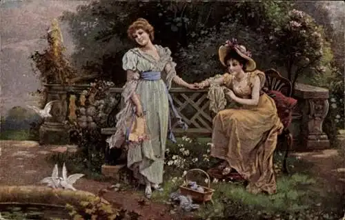 Künstler Ak Zatzka, Hans, Liebesahnen, Frauen im Garten, Turteltauben