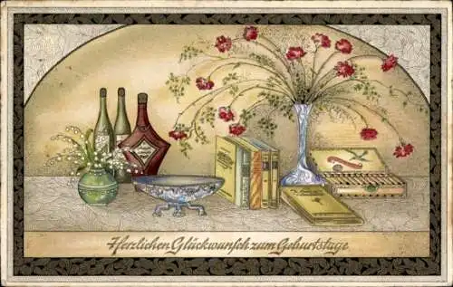 Ak Glückwunsch Geburtstag, Blumenvase, Blumen, Zigarren