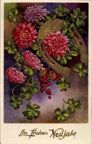 Ak Glückwunsch Neujahr, Glücksklee, Hufeisen, Blumen