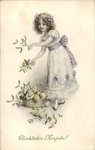 Ak Glückwunsch Neujahr, Mädchen, Blumenkorb, Mistelzweige