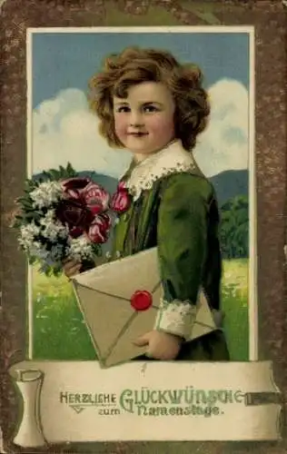 Präge Ak Glückwunsch Namenstag, Kind-Portrait, Blumenstrauß, Brief