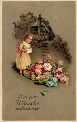 Ak Glückwunsch Namenstag, Mädchen, Blumenkorb, Rosen