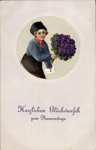 Präge Ak Glückwunsch Namenstag, Kind-Portrait, Blumenstrauß
