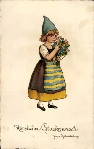 Ak Glückwunsch Geburtstag, Mädchen in Tracht, Blumenstrauß